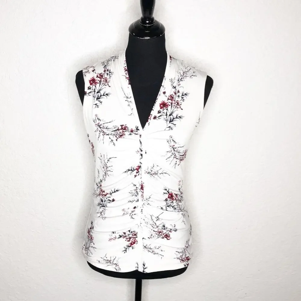 WHBM white red floral v neck ruched sleeveless top size Small